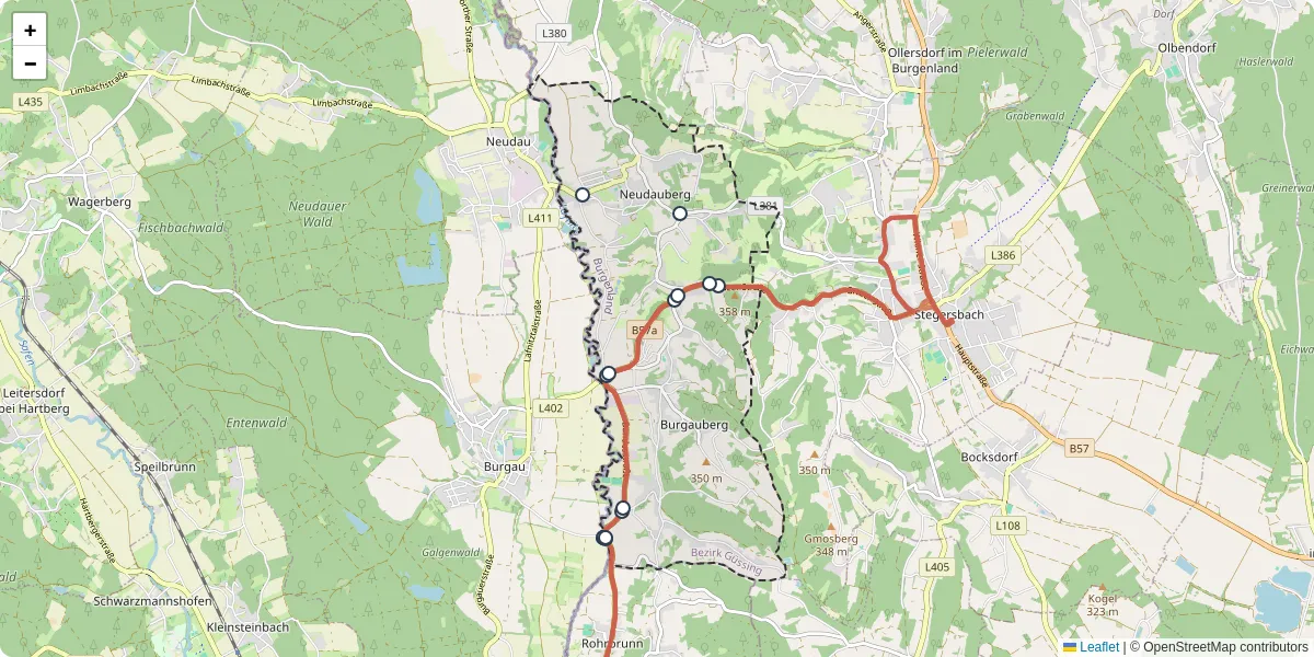 Nahverkehrsnetz in burgauberg-neudauberg, Österreich - Buslinien, Haltestellen und Verbindungen auf der Karte