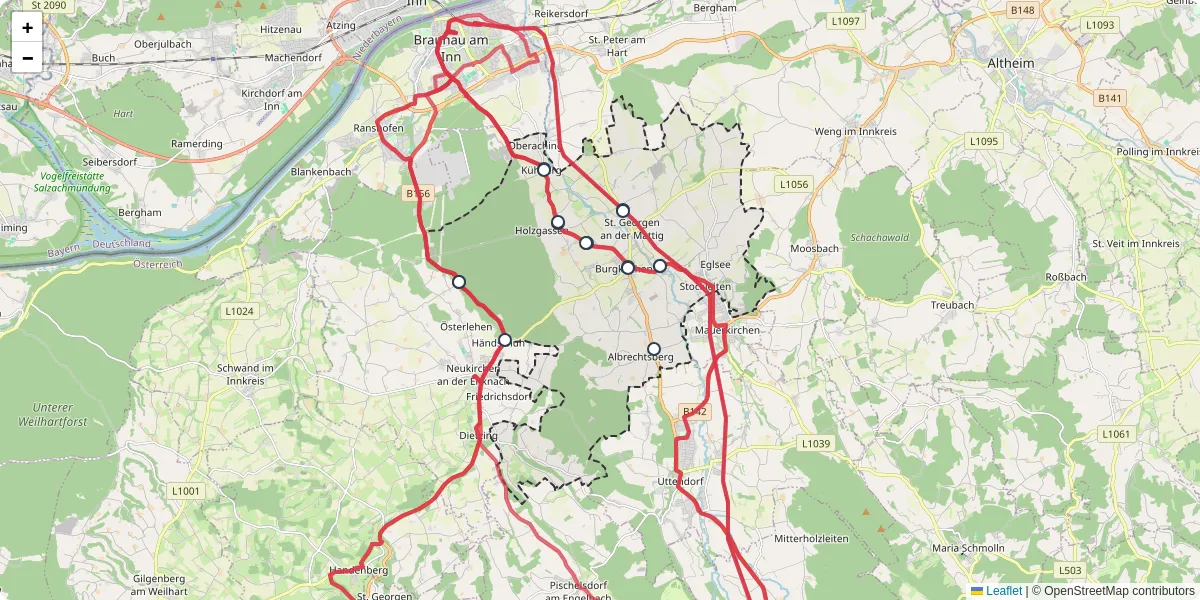 Nahverkehrsnetz in burgkirchen, Österreich - Buslinien, Haltestellen und Verbindungen auf der Karte