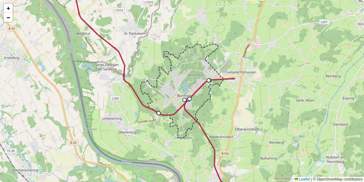 Nahverkehrsnetz in burmoos, Österreich - Buslinien, Haltestellen und Verbindungen auf der Karte