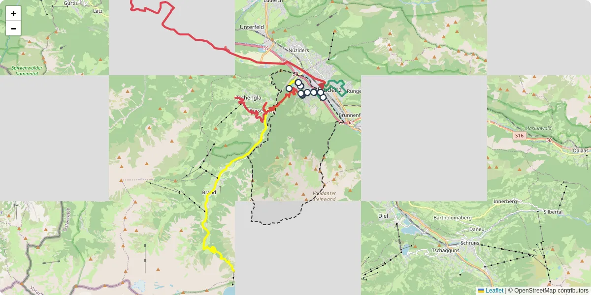 Nahverkehrsnetz in burs, Österreich - Buslinien, Haltestellen und Verbindungen auf der Karte