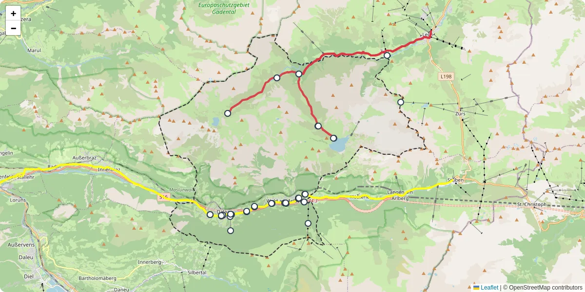 Nahverkehrsnetz in dalaas, Österreich - Buslinien, Haltestellen und Verbindungen auf der Karte