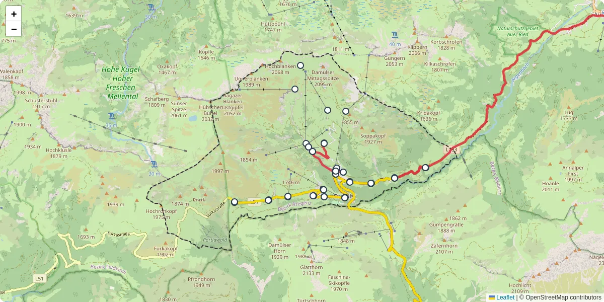 Nahverkehrsnetz in damuls, Österreich - Buslinien, Haltestellen und Verbindungen auf der Karte