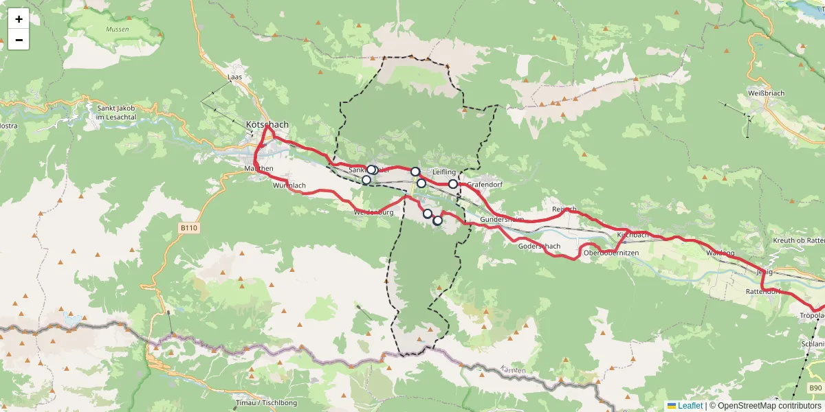 Nahverkehrsnetz in dellach, Österreich - Buslinien, Haltestellen und Verbindungen auf der Karte