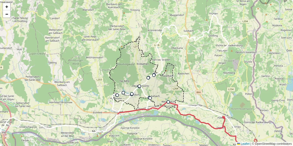 Nahverkehrsnetz in deutsch-goritz, Österreich - Buslinien, Haltestellen und Verbindungen auf der Karte