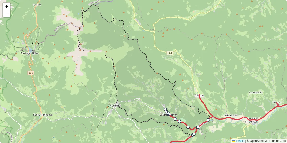 Nahverkehrsnetz in deutsch-griffen, Österreich - Buslinien, Haltestellen und Verbindungen auf der Karte