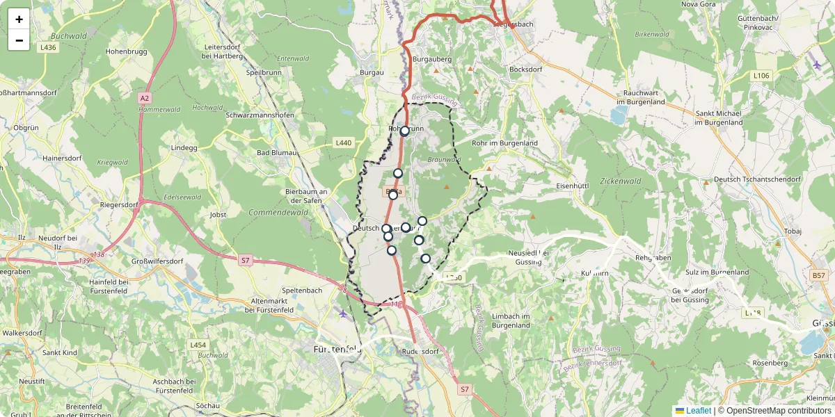 Nahverkehrsnetz in deutsch-kaltenbrunn, Österreich - Buslinien, Haltestellen und Verbindungen auf der Karte