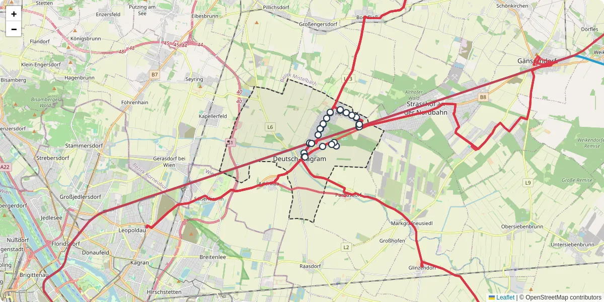 Nahverkehrsnetz in deutsch-wagram, Österreich - Buslinien, Haltestellen und Verbindungen auf der Karte