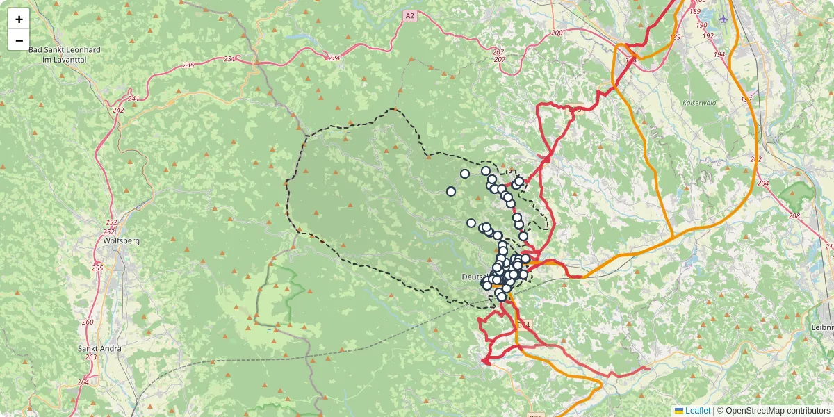 Nahverkehrsnetz in deutschlandsberg, Österreich - Buslinien, Haltestellen und Verbindungen auf der Karte