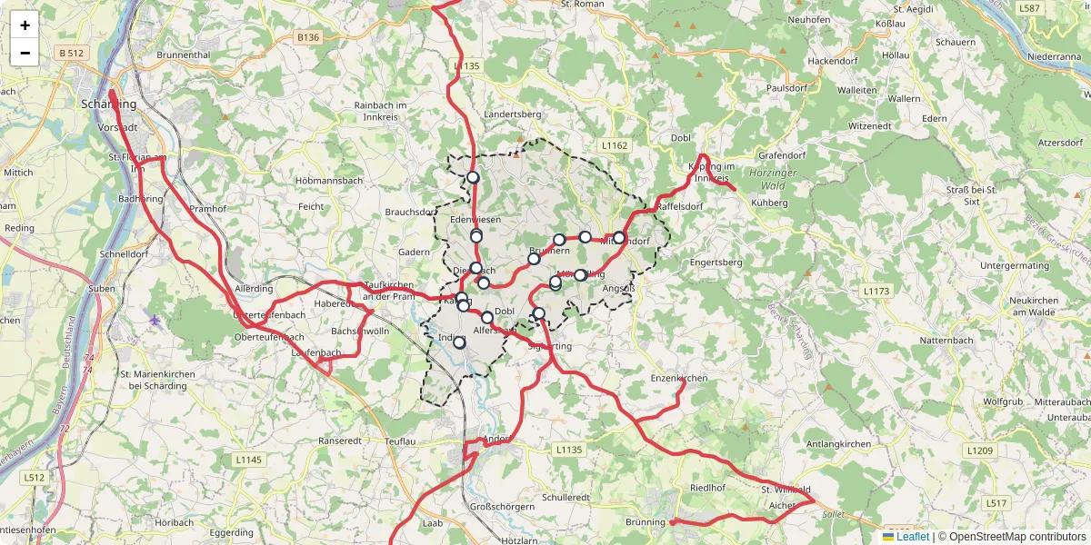 Nahverkehrsnetz in diersbach, Österreich - Buslinien, Haltestellen und Verbindungen auf der Karte