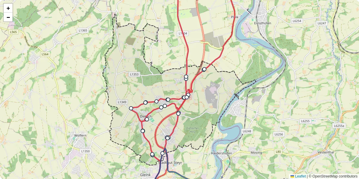 Nahverkehrsnetz in dietach, Österreich - Buslinien, Haltestellen und Verbindungen auf der Karte