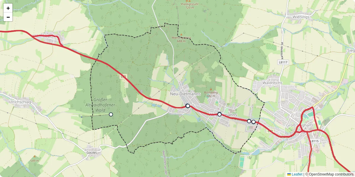 Nahverkehrsnetz in dietmanns, Österreich - Buslinien, Haltestellen und Verbindungen auf der Karte