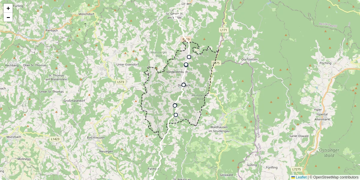Nahverkehrsnetz in dimbach, Österreich - Buslinien, Haltestellen und Verbindungen auf der Karte