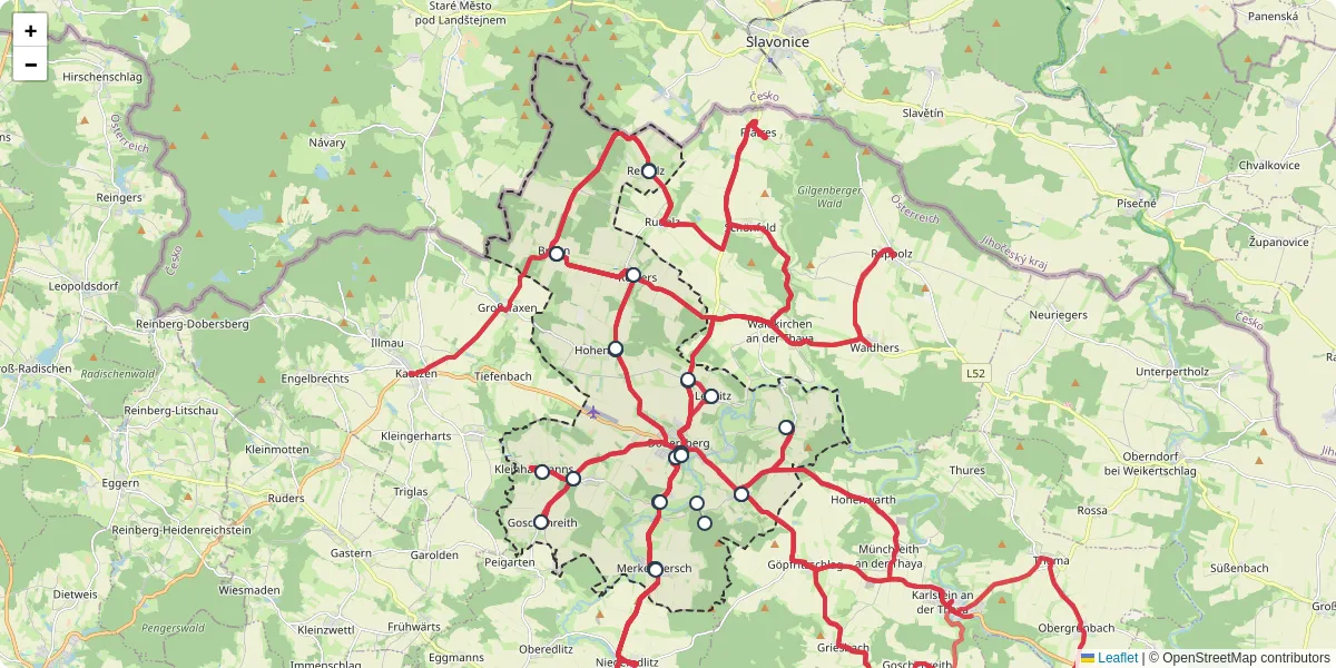 Nahverkehrsnetz in dobersberg, Österreich - Buslinien, Haltestellen und Verbindungen auf der Karte