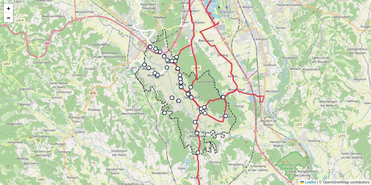 Nahverkehrsnetz in dobl-zwaring, Österreich - Buslinien, Haltestellen und Verbindungen auf der Karte