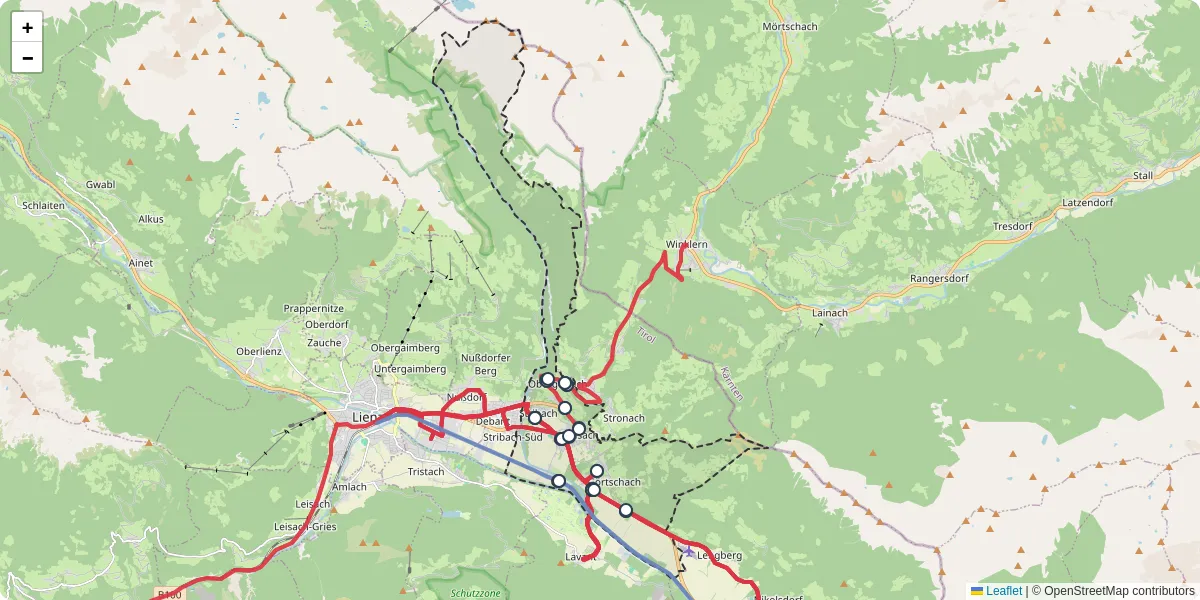 Nahverkehrsnetz in dolsach, Österreich - Buslinien, Haltestellen und Verbindungen auf der Karte