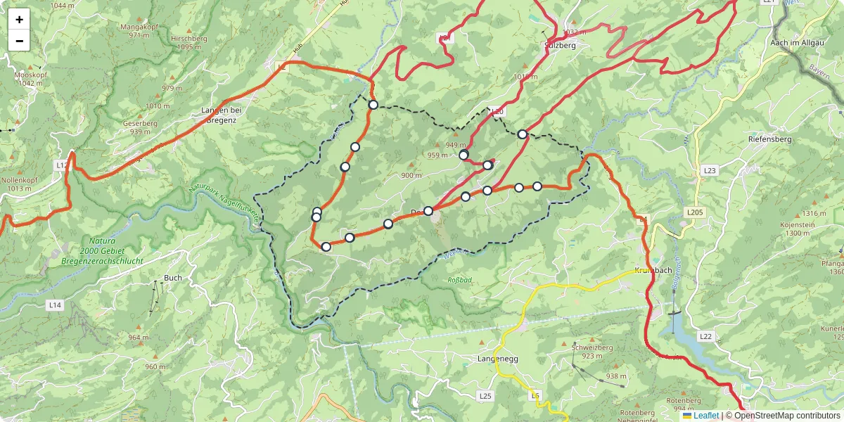 Nahverkehrsnetz in doren, Österreich - Buslinien, Haltestellen und Verbindungen auf der Karte