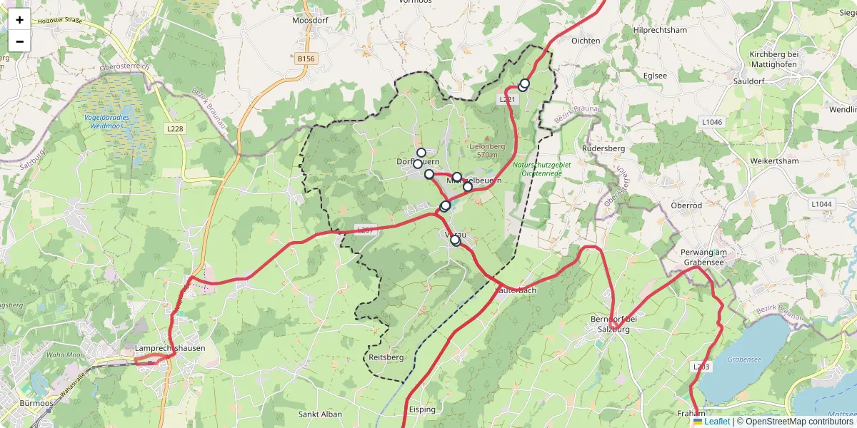 Nahverkehrsnetz in dorfbeuern, Österreich - Buslinien, Haltestellen und Verbindungen auf der Karte