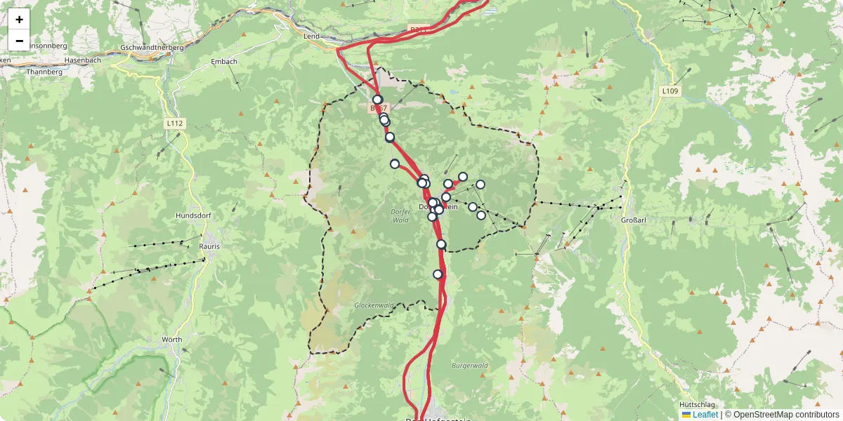 Nahverkehrsnetz in dorfgastein, Österreich - Buslinien, Haltestellen und Verbindungen auf der Karte