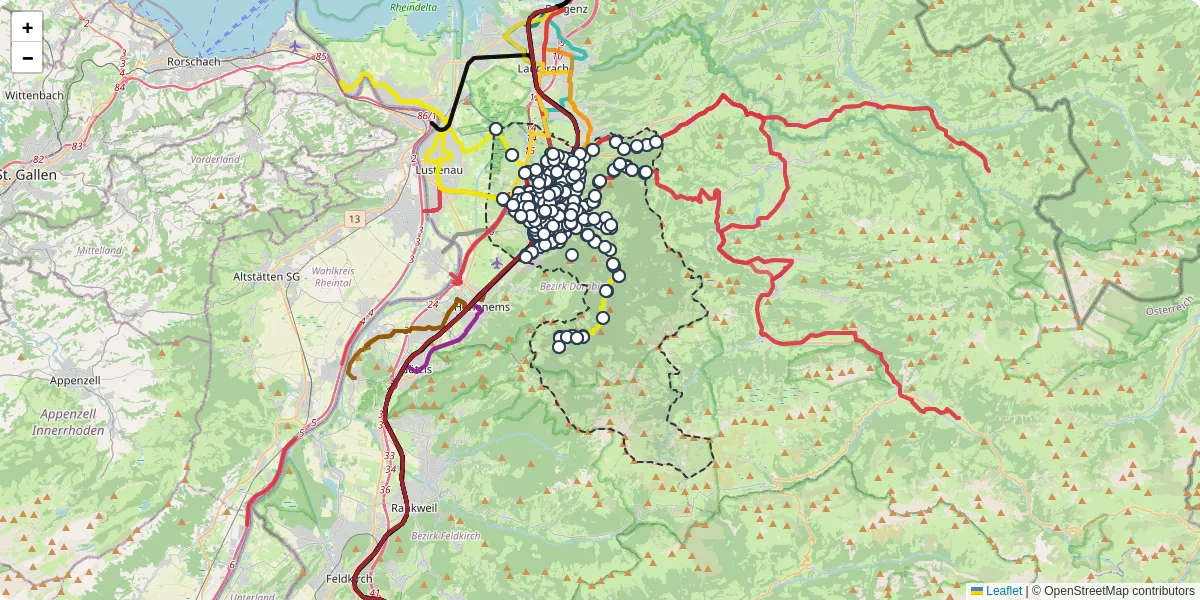 Nahverkehrsnetz in dornbirn, Österreich - Buslinien, Haltestellen und Verbindungen auf der Karte