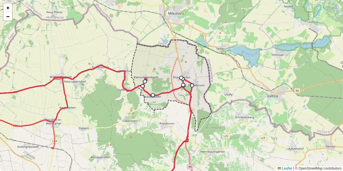 Nahverkehrsnetz in drasenhofen, Österreich - Buslinien, Haltestellen und Verbindungen auf der Karte