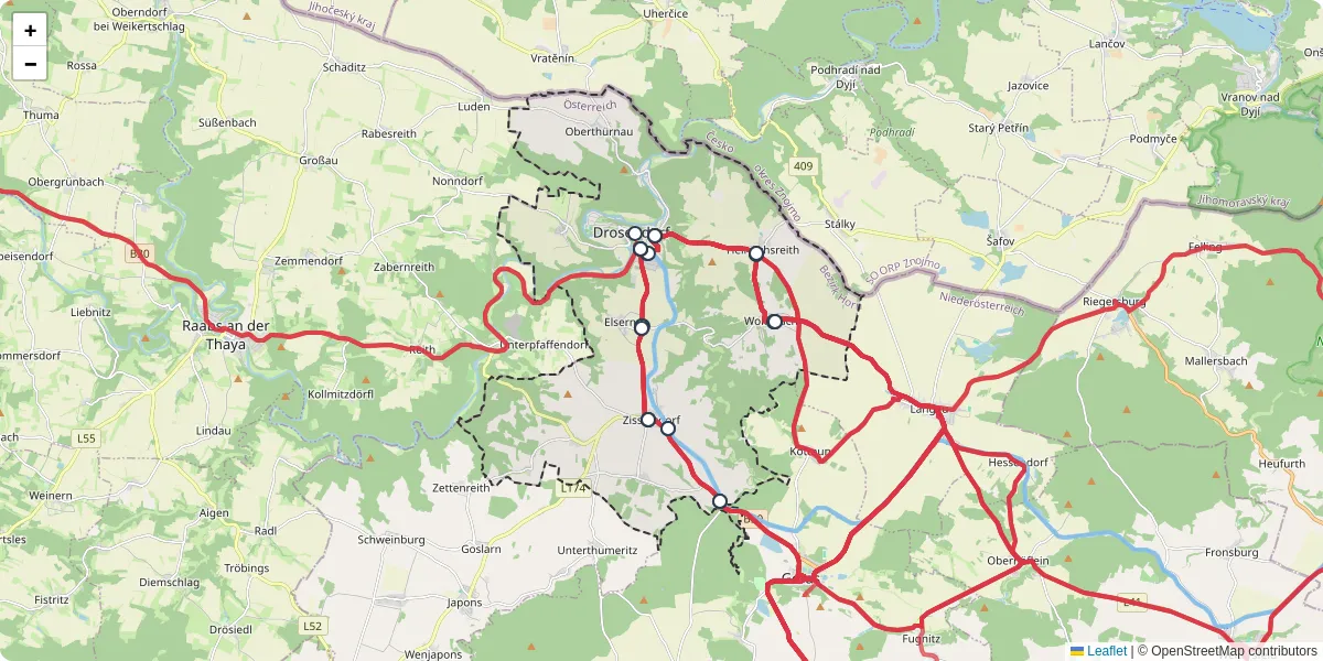 Nahverkehrsnetz in drosendorf-zissersdorf, Österreich - Buslinien, Haltestellen und Verbindungen auf der Karte