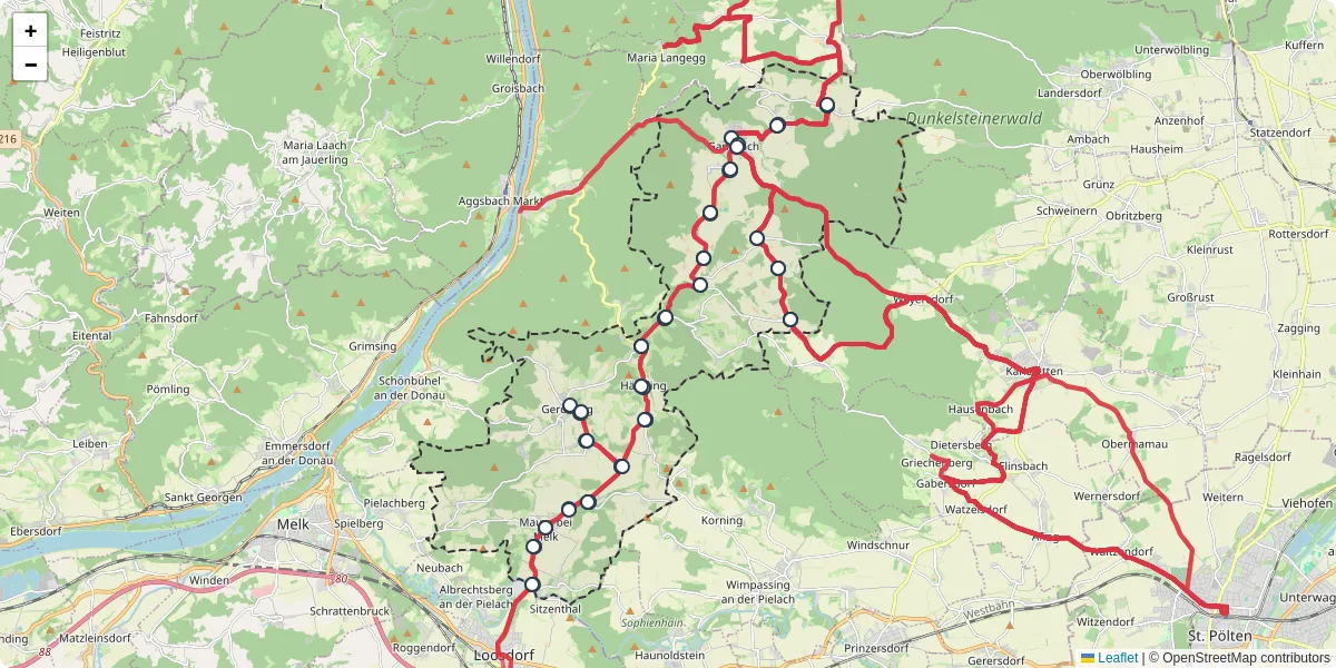 Nahverkehrsnetz in dunkelsteinerwald, Österreich - Buslinien, Haltestellen und Verbindungen auf der Karte