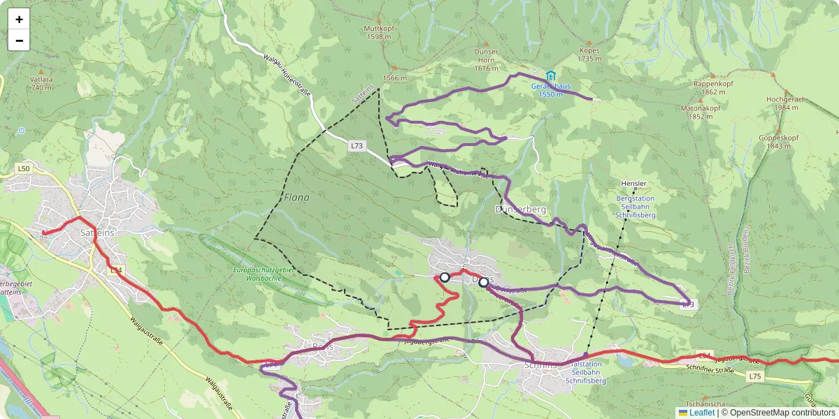 Nahverkehrsnetz in duns, Österreich - Buslinien, Haltestellen und Verbindungen auf der Karte