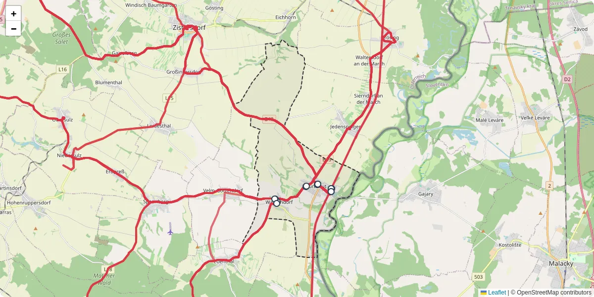Nahverkehrsnetz in durnkrut, Österreich - Buslinien, Haltestellen und Verbindungen auf der Karte