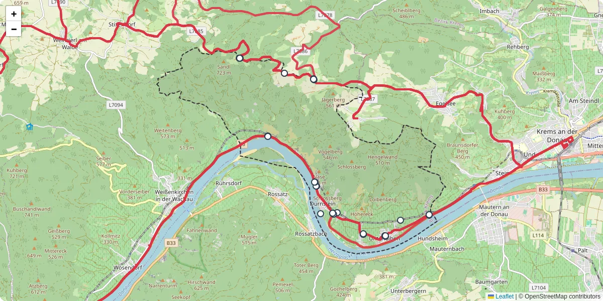 Nahverkehrsnetz in durnstein, Österreich - Buslinien, Haltestellen und Verbindungen auf der Karte