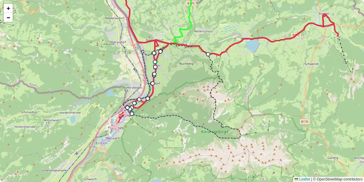 Nahverkehrsnetz in ebbs, Österreich - Buslinien, Haltestellen und Verbindungen auf der Karte