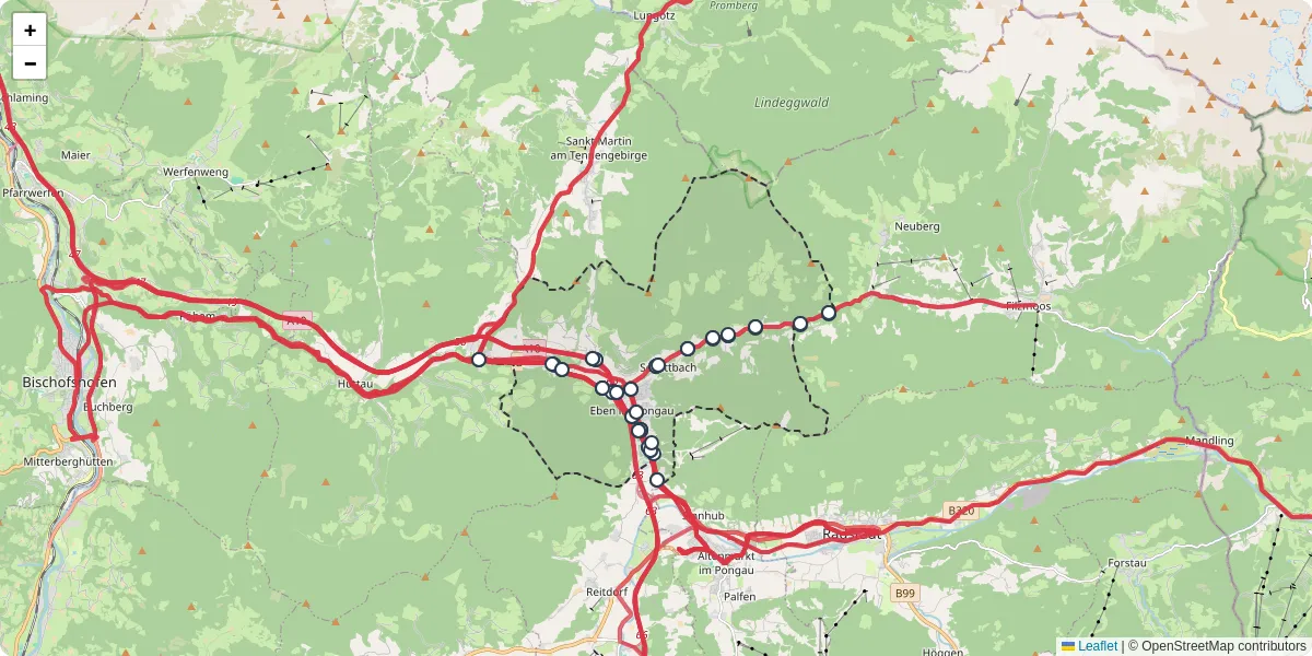 Nahverkehrsnetz in eben-im-pongau, Österreich - Buslinien, Haltestellen und Verbindungen auf der Karte