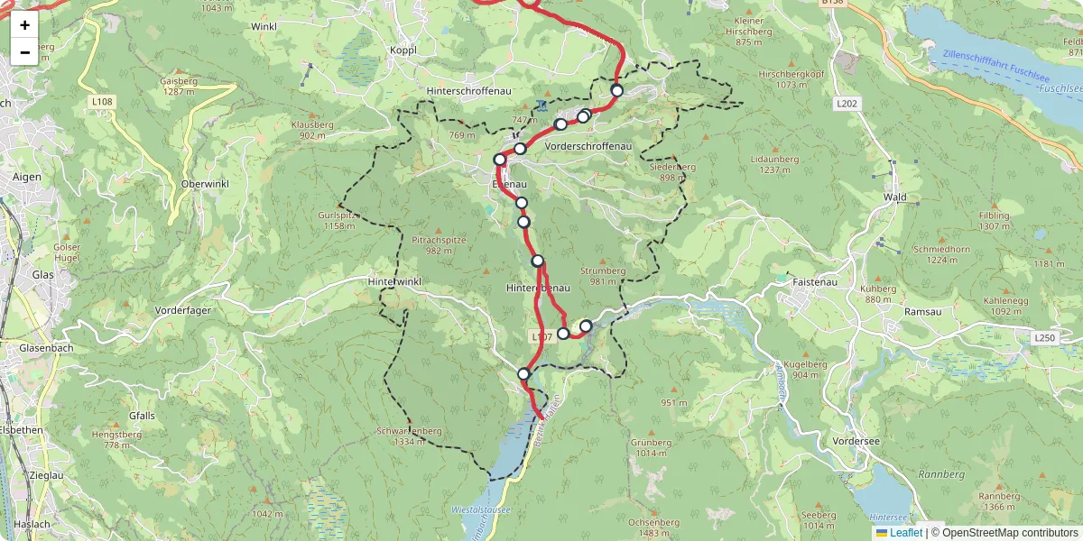 Nahverkehrsnetz in ebenau, Österreich - Buslinien, Haltestellen und Verbindungen auf der Karte