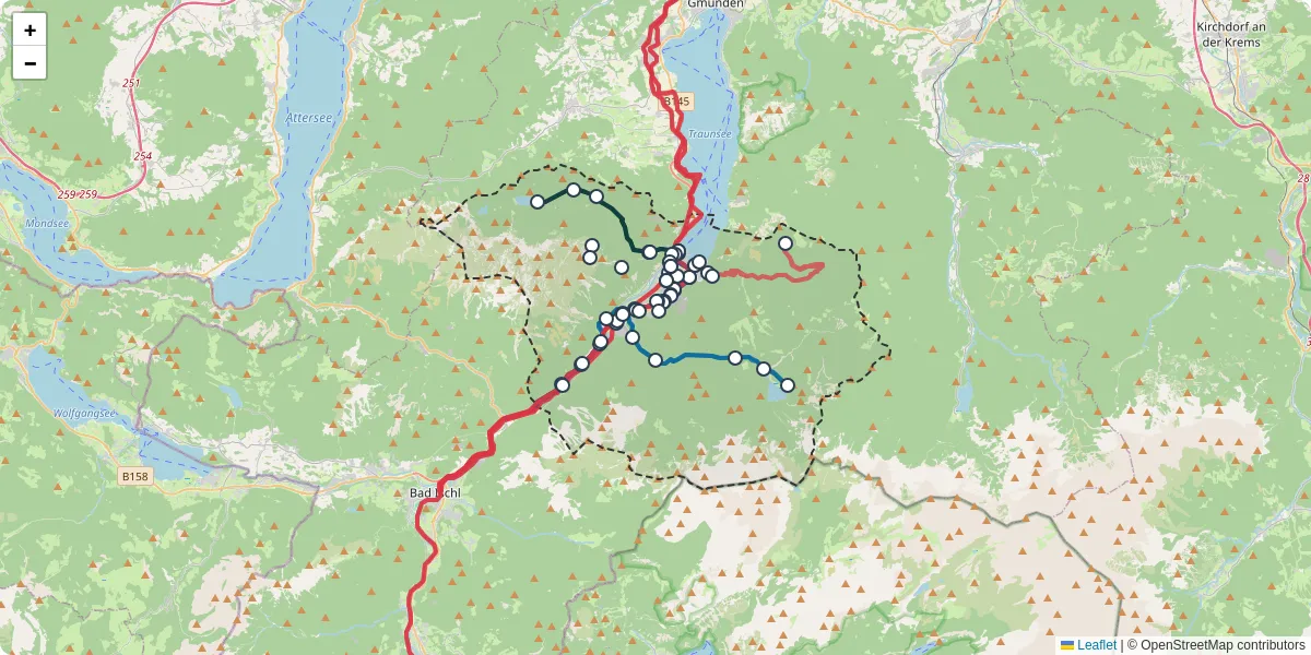 Nahverkehrsnetz in ebensee-am-traunsee, Österreich - Buslinien, Haltestellen und Verbindungen auf der Karte