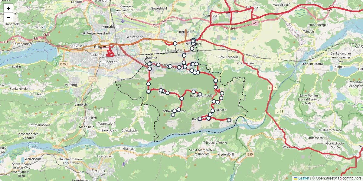 Nahverkehrsnetz in ebenthal-in-karnten, Österreich - Buslinien, Haltestellen und Verbindungen auf der Karte