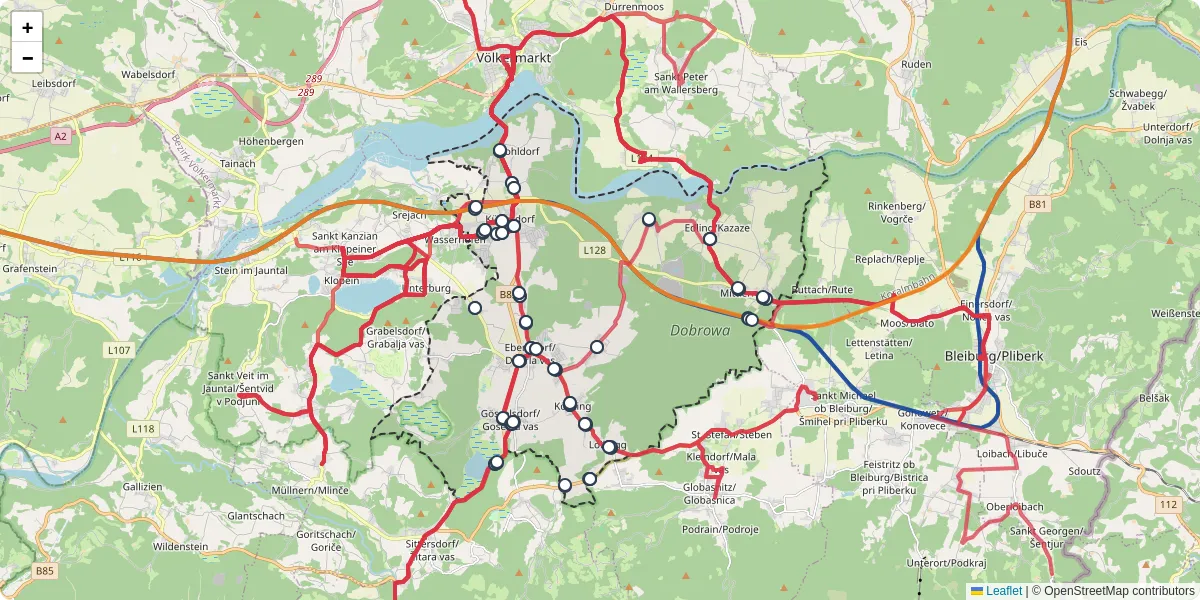 Nahverkehrsnetz in eberndorf, Österreich - Buslinien, Haltestellen und Verbindungen auf der Karte