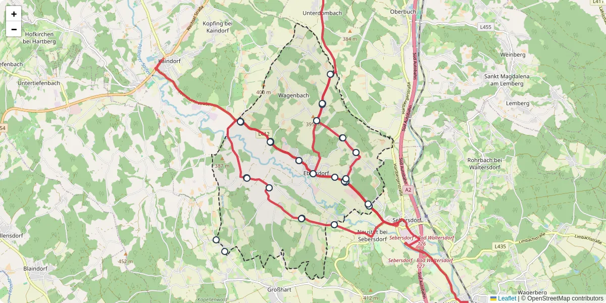 Nahverkehrsnetz in ebersdorf, Österreich - Buslinien, Haltestellen und Verbindungen auf der Karte