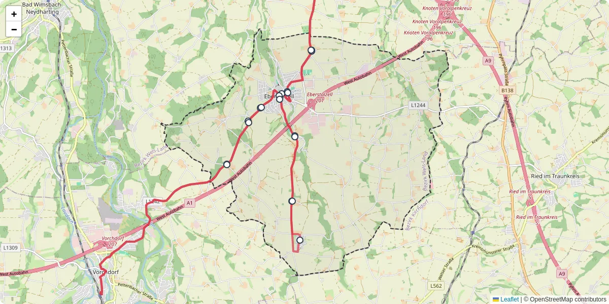 Nahverkehrsnetz in eberstalzell, Österreich - Buslinien, Haltestellen und Verbindungen auf der Karte