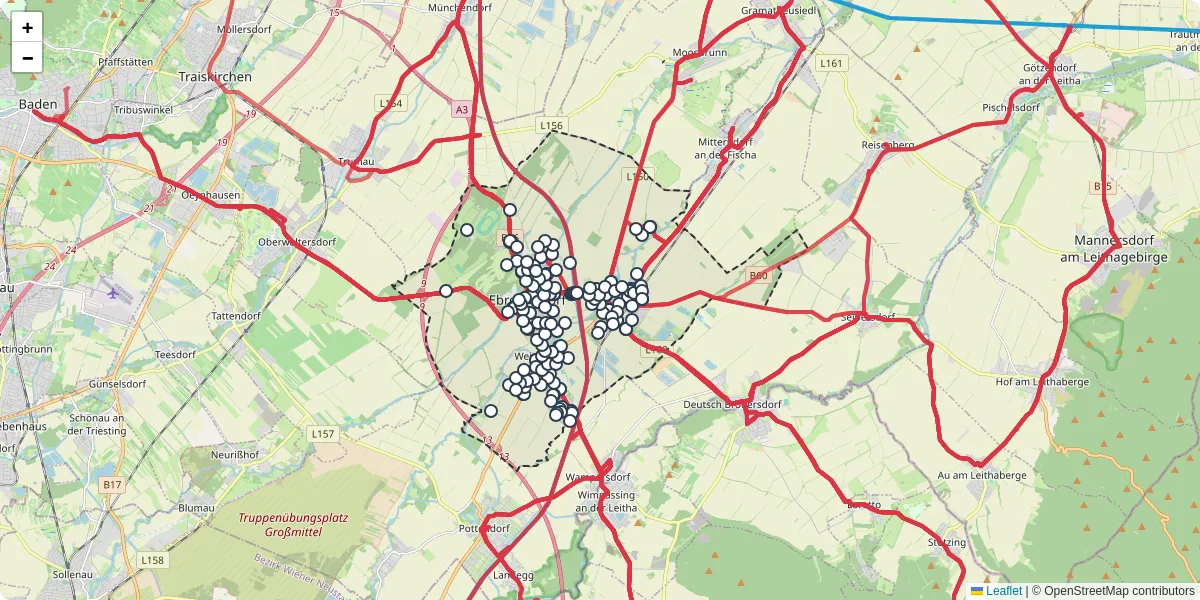 Nahverkehrsnetz in ebreichsdorf, Österreich - Buslinien, Haltestellen und Verbindungen auf der Karte