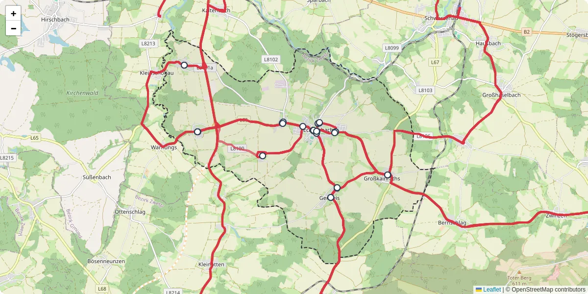 Nahverkehrsnetz in echsenbach, Österreich - Buslinien, Haltestellen und Verbindungen auf der Karte