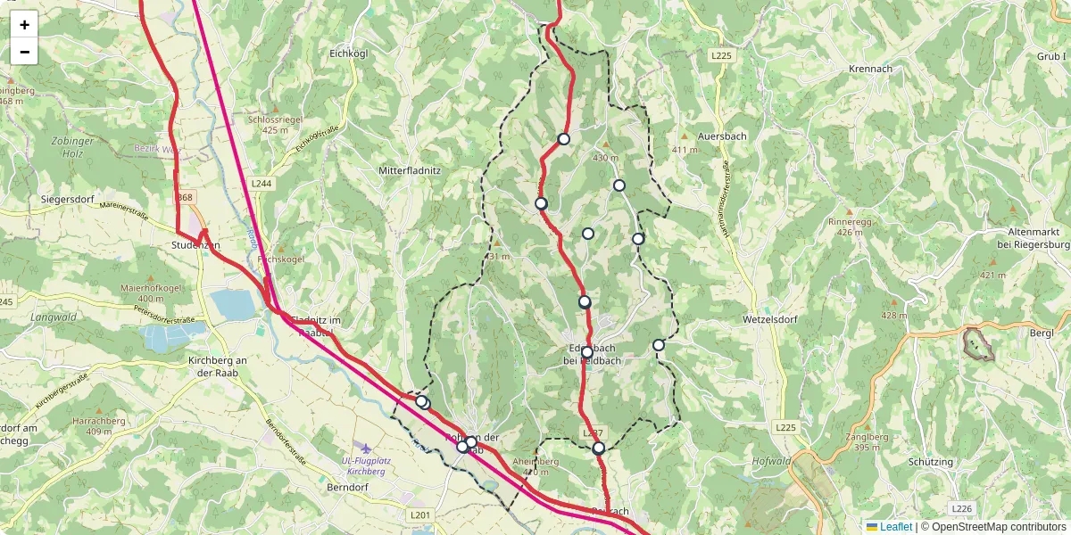 Nahverkehrsnetz in edelsbach-bei-feldbach, Österreich - Buslinien, Haltestellen und Verbindungen auf der Karte
