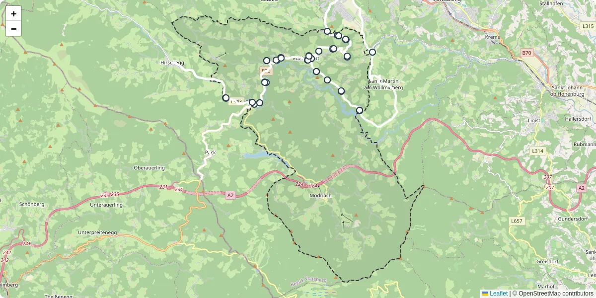 Nahverkehrsnetz in edelschrott, Österreich - Buslinien, Haltestellen und Verbindungen auf der Karte