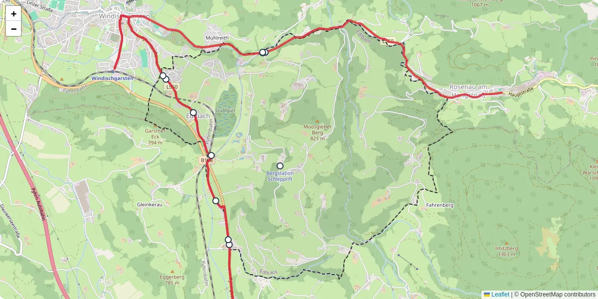 Nahverkehrsnetz in edlbach, Österreich - Buslinien, Haltestellen und Verbindungen auf der Karte