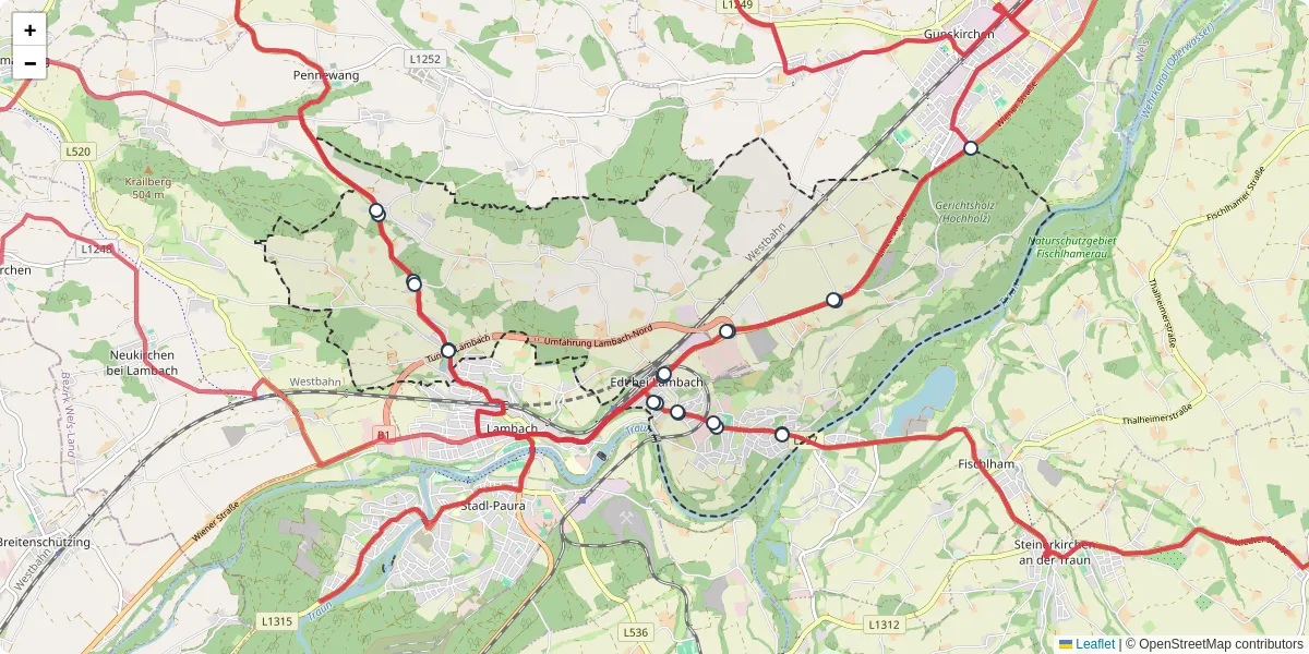 Nahverkehrsnetz in edt-bei-lambach, Österreich - Buslinien, Haltestellen und Verbindungen auf der Karte