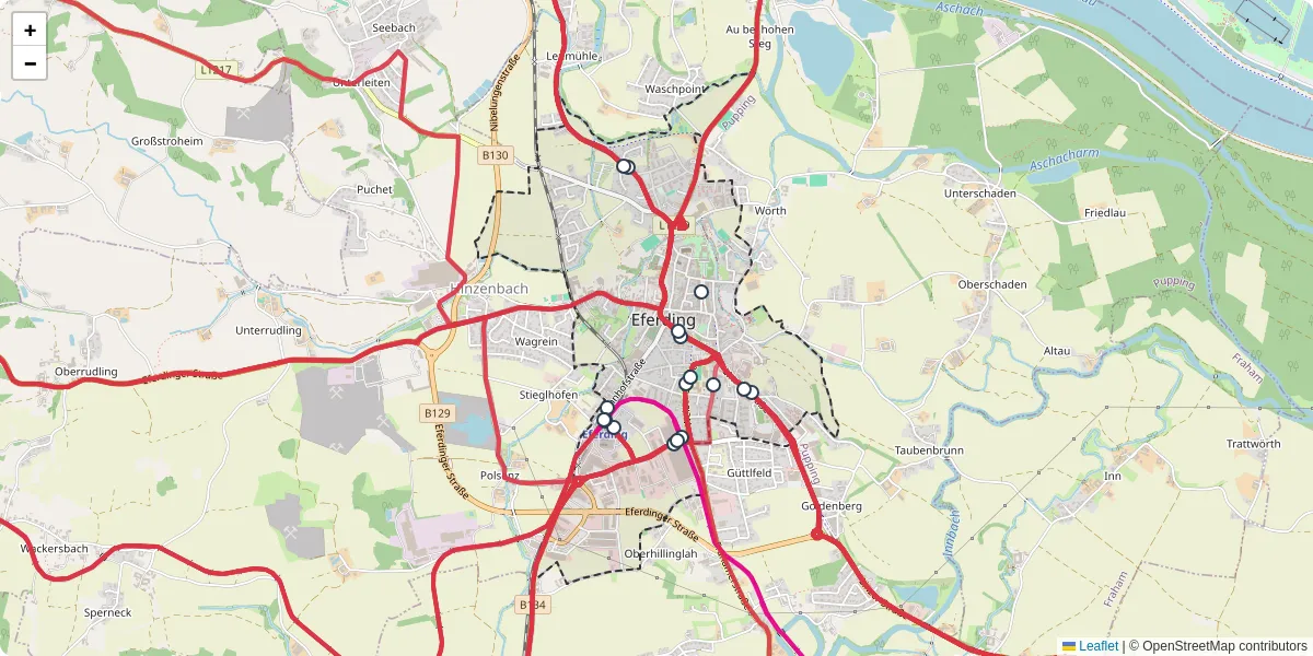 Nahverkehrsnetz in eferding, Österreich - Buslinien, Haltestellen und Verbindungen auf der Karte