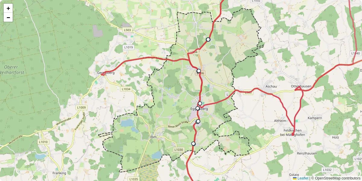 Nahverkehrsnetz in eggelsberg, Österreich - Buslinien, Haltestellen und Verbindungen auf der Karte