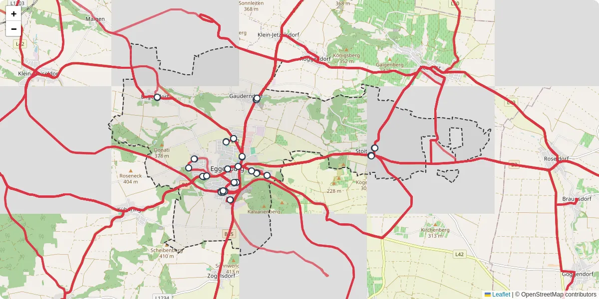 Nahverkehrsnetz in eggenburg, Österreich - Buslinien, Haltestellen und Verbindungen auf der Karte