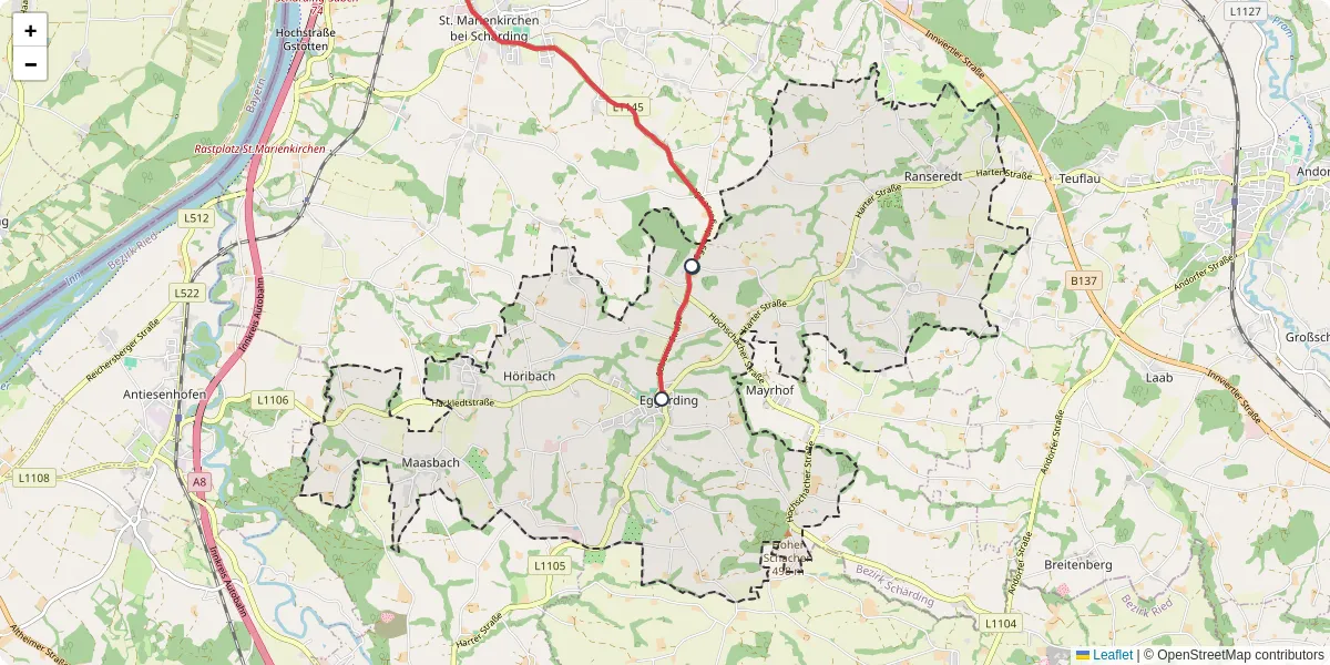 Nahverkehrsnetz in eggerding, Österreich - Buslinien, Haltestellen und Verbindungen auf der Karte