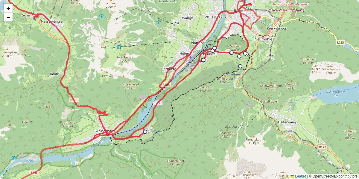 Nahverkehrsnetz in ehenbichl, Österreich - Buslinien, Haltestellen und Verbindungen auf der Karte