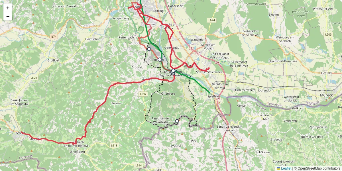 Nahverkehrsnetz in ehrenhausen-an-der-weinstrae, Österreich - Buslinien, Haltestellen und Verbindungen auf der Karte