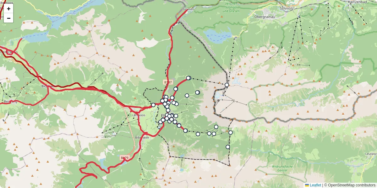 Nahverkehrsnetz in ehrwald, Österreich - Buslinien, Haltestellen und Verbindungen auf der Karte